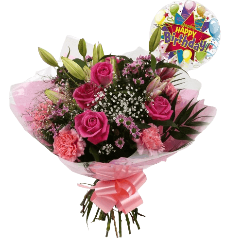 Birthday Balloon & Pink Crystal Flowers Lovely Flora World