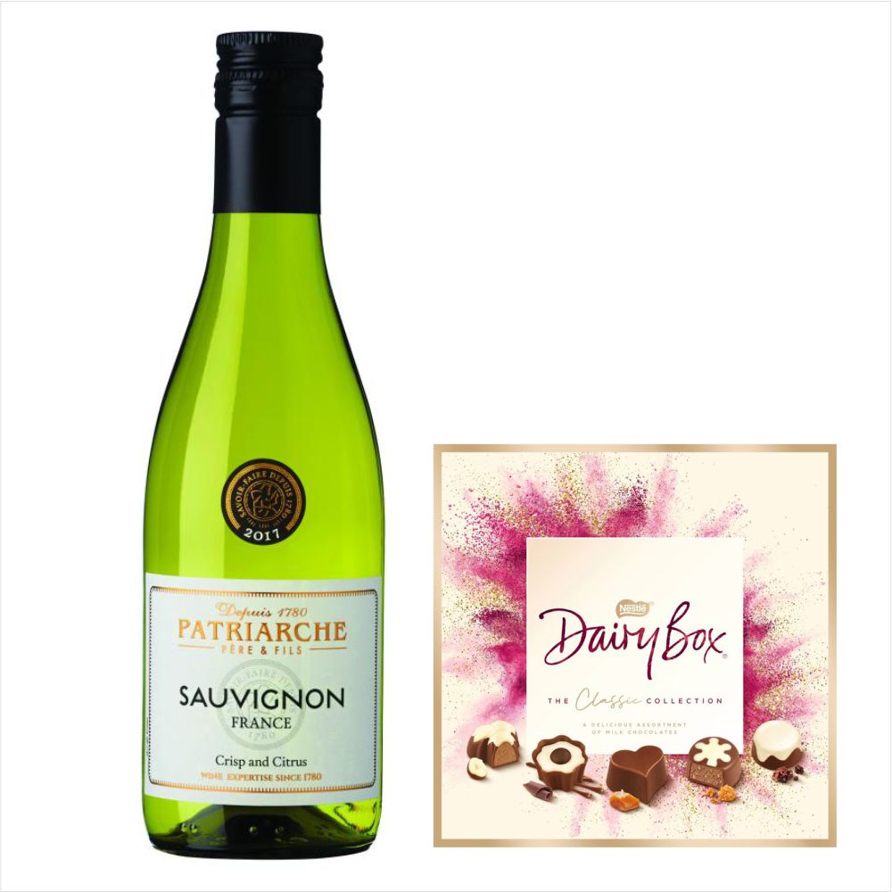 Patriarche Sauvignon Blanc 18.7cl Dairy Box ChocolatesPatriarche Sauvignon Blanc 18.7cl Dairy Box Chocolates Citrus fruits on the nose, this wonderful wine is fresh and has a well balanced finish & Dairy Box Chocolates£11.99