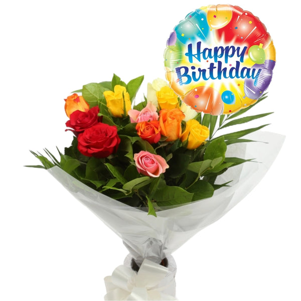 Birthday Balloon & 12 Multicolour Roses Flowers