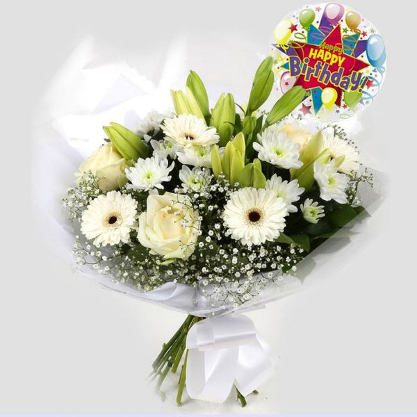Birthday Balloon & White Petite Bouquet