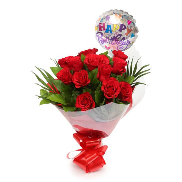 Birthday Balloon & 12 Red Roses