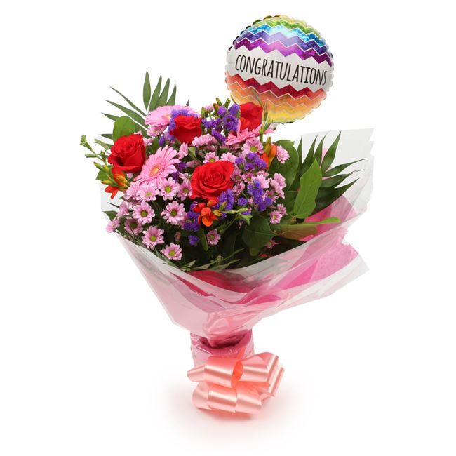 Congratulations Balloon & Red Blush Flowers Lovely Flora World