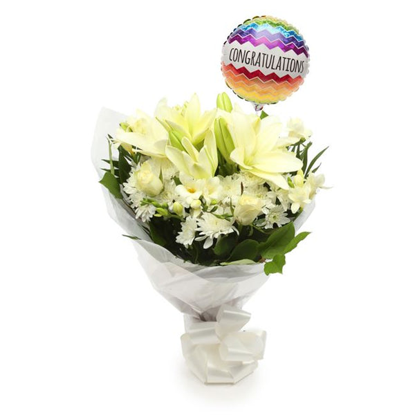 Congratulations Balloon & White Elegance Bouquet