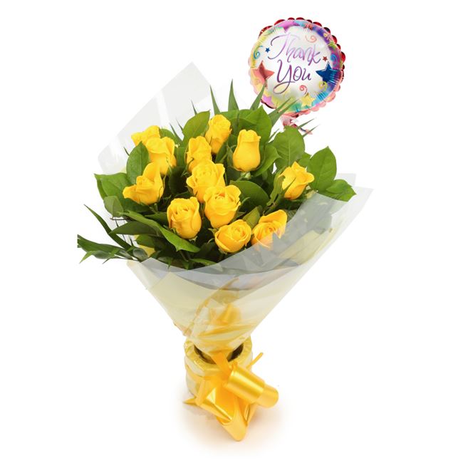 Thank You Balloon & 12 Yellow Roses Lovely Flora World